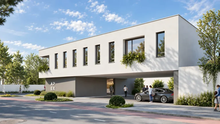 Rendering: Eingangsbereich mit überdachter Vorfahrt des künftigen APEX Health & Performance Center