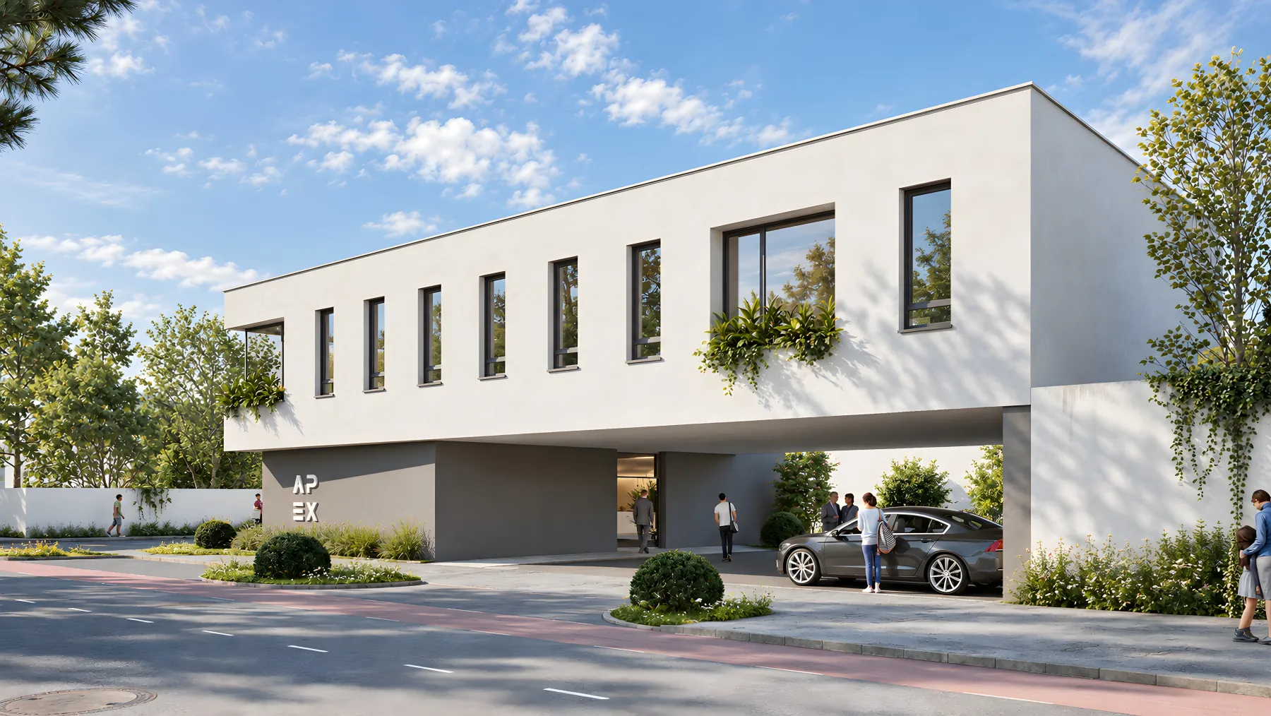Rendering: Eingangsbereich mit überdachter Vorfahrt des künftigen APEX Health & Performance Center