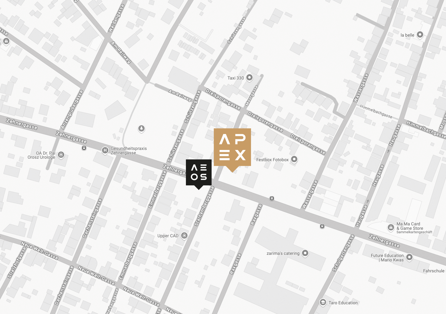 Stadtplan von Wiener Neustadt mit zwei markierten Standorten: das APEX Health- & Performance-Center und das AEOS-Ärztezentrum, wenige Gehminuten voneinander entfernt.
